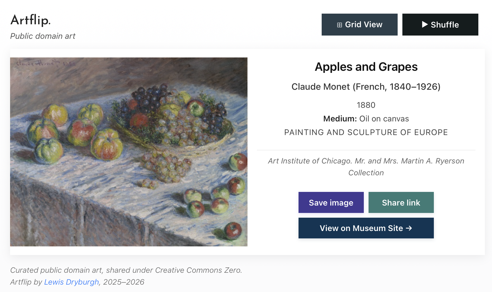 Artflip: A curated gallery of public domain art from the world's best museums. Embrace serendipitous discovery.