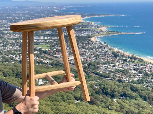 Low Staked Stool: A pine and eucalyptus wedged tenon stool. A combination of two designs by Christopher Schwarz and Rex Krueger.