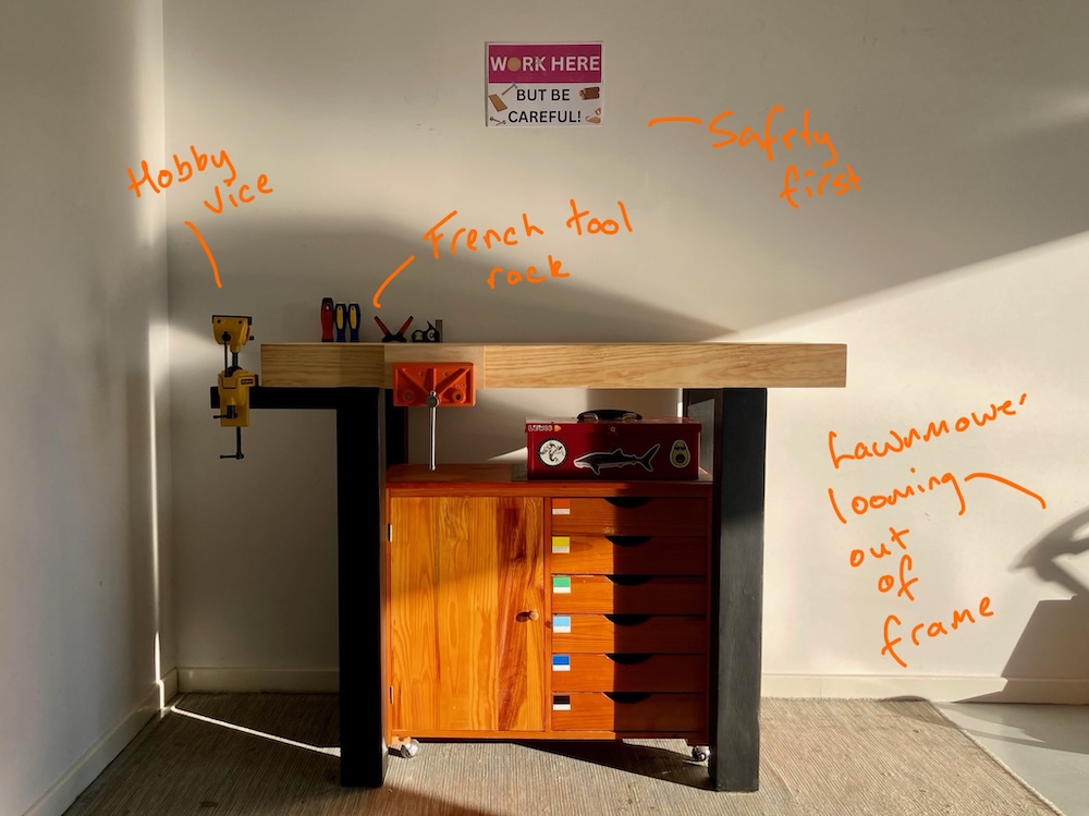 Not-Quite-an-Anarchist Workbench: A pine workbench inspired by Christopher Schwarz’s cult-favourite design, with a few deviations. Blackboard legs, baby vice.